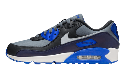 Gray and blue sneaker with visible air cushion on a white background