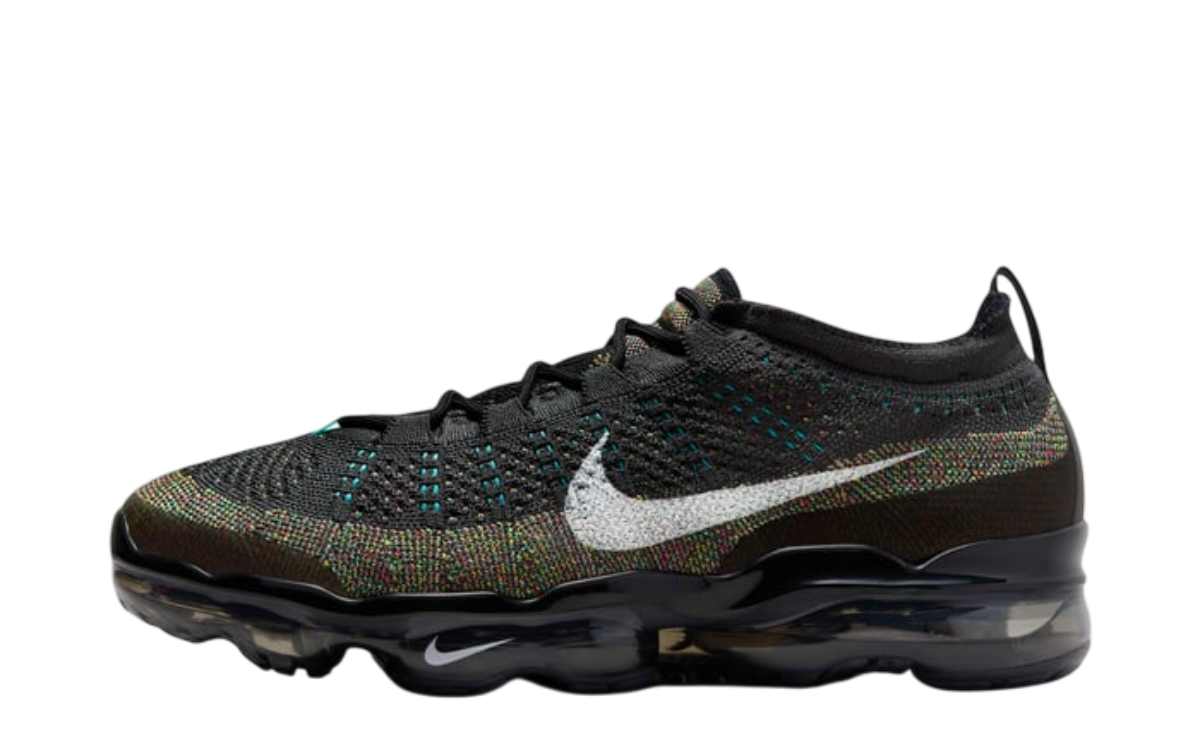 Black Nike shoe with multicolor mesh design.