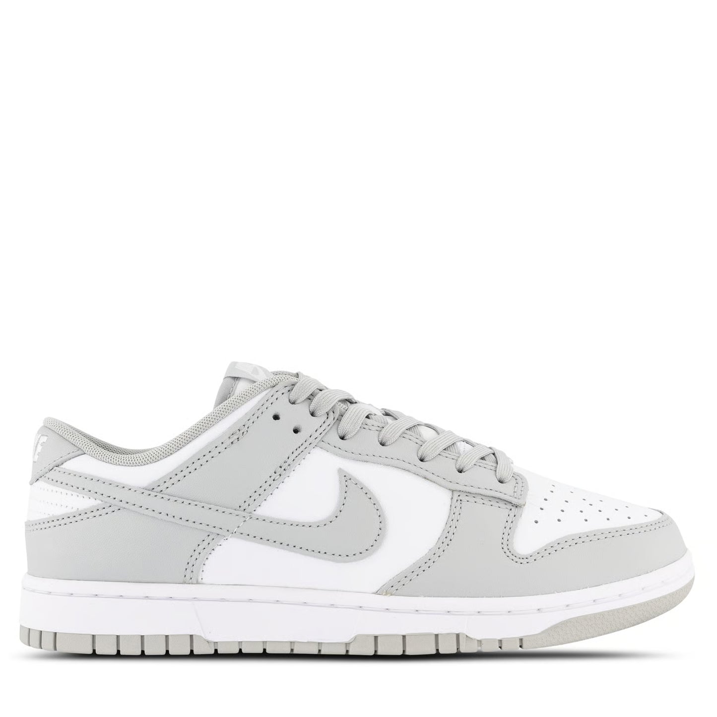 Nike Dunk Low Retro White Grey Fog shoes highlighting swoosh design and classic silhouette.