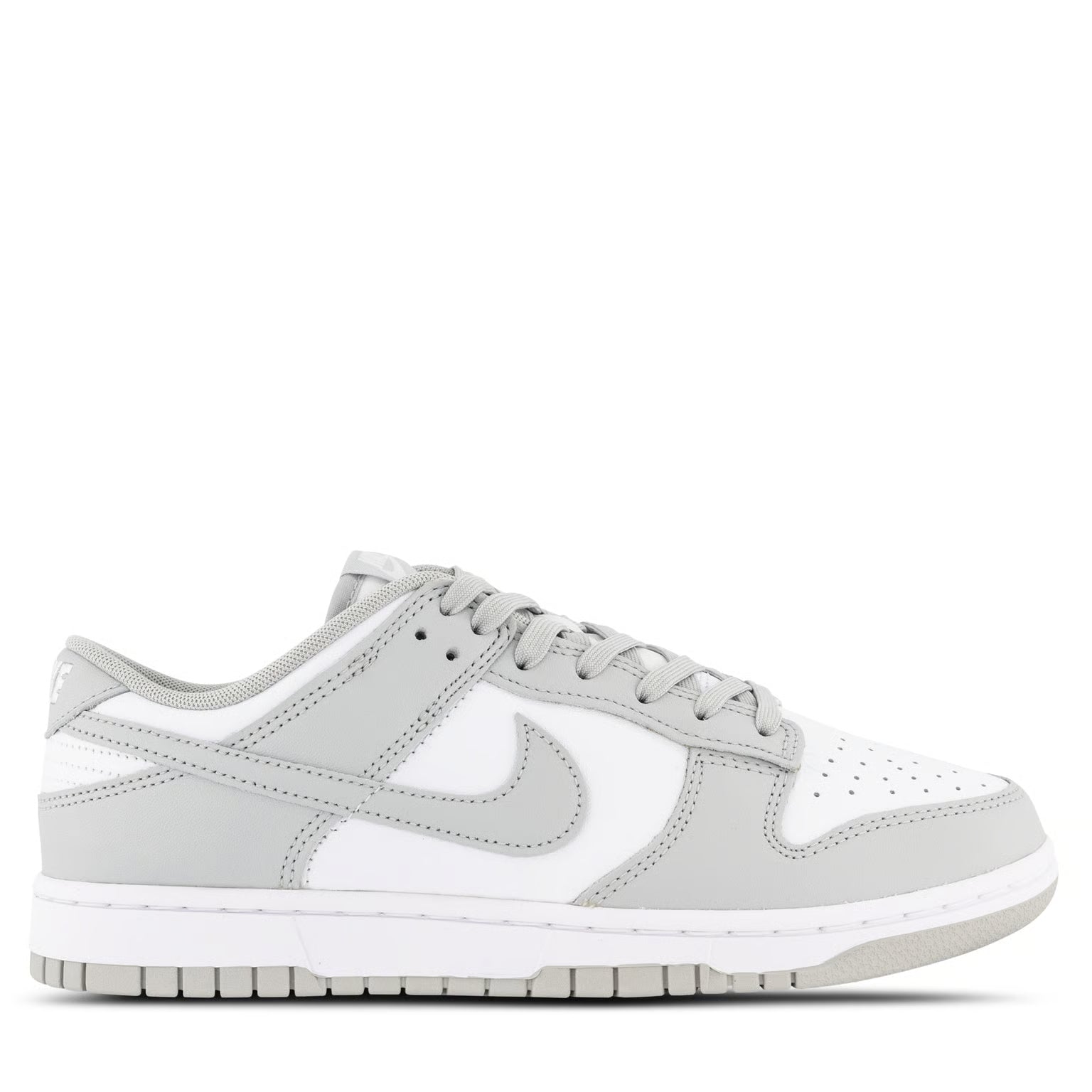 Nike Dunk Low Retro White Grey Fog shoes highlighting swoosh design and classic silhouette.