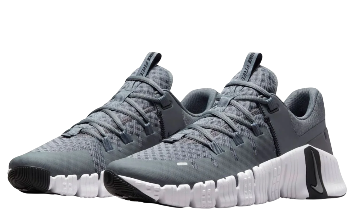 Nike Free Metcon 5 training shoes showing supportive upper and reinforced midsole for stability during workouts.